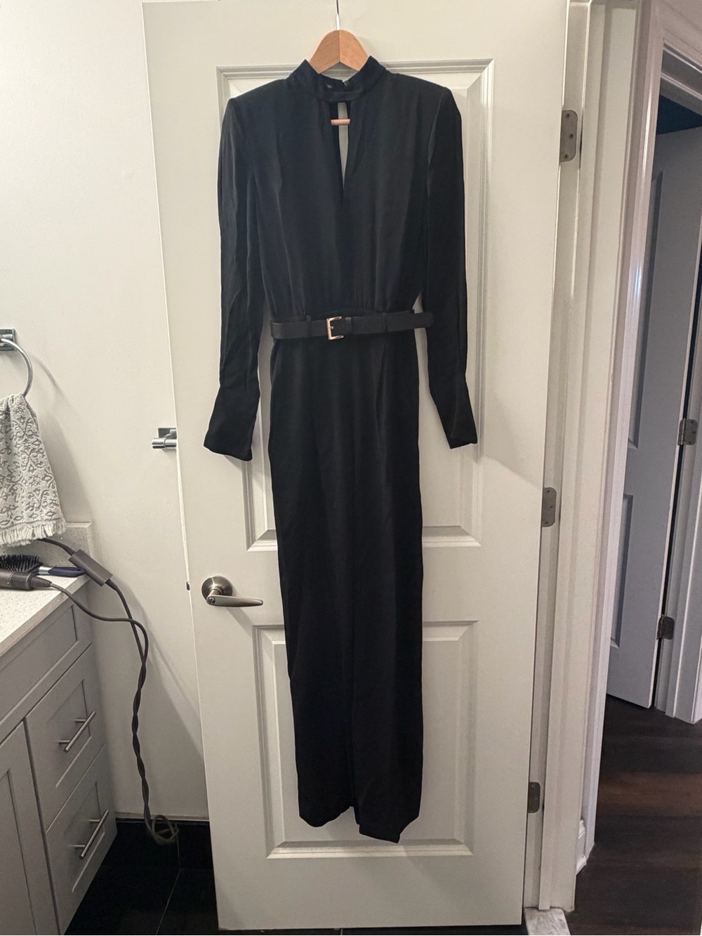 Mango Black Long-Sleeve Belted Maxi Jumpsuit with Keyhole Neck